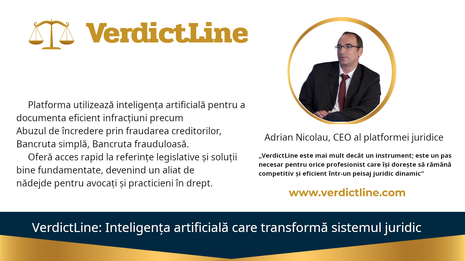Adrian Nicolau, CEO al platformei juridice VerdictLine.com, prezintă soluții inovatoare pentru documentarea infracțiunilor precum Abuzul de încredere prin fraudarea creditorilor, Bancruta simplă, și Bancruta frauduloasă cu ajutorul inteligenței artificiale. VerdictLine.com oferă avocaților și practicienilor acces rapid la referințe legislative și jurisprudențiale, facilitând analiza detaliată a spețelor penale din România.